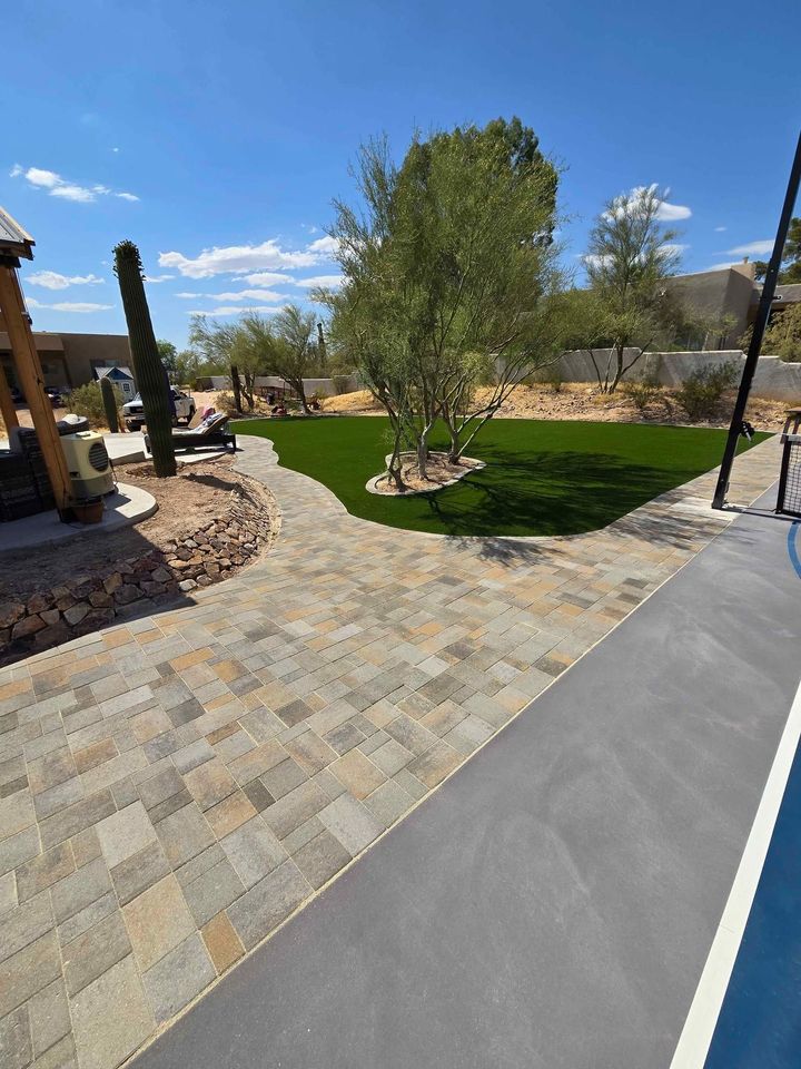 Sunny backyard in Fountain Hills AZ with stone patio, green artificial grass lawn, desert landscaping, trees, and cacti. A curved walkway separates the patio from the lawn, and part of a swimming pool is visible on the right.